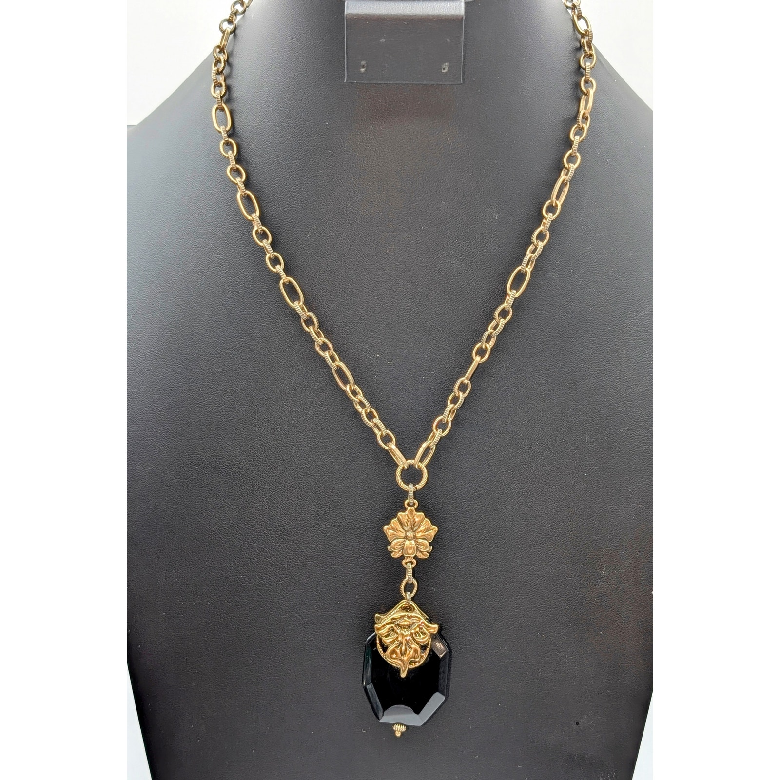 Patricia Nash Black Faceted Glass Antiqued GoldBronze Pendant Chain Necklace 40$